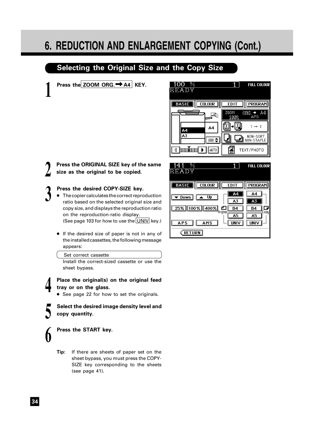 Toshiba FC15, FC22 manual Selecting the Original Size and the Copy Size, Press the Zoom ORG. A4, Key 