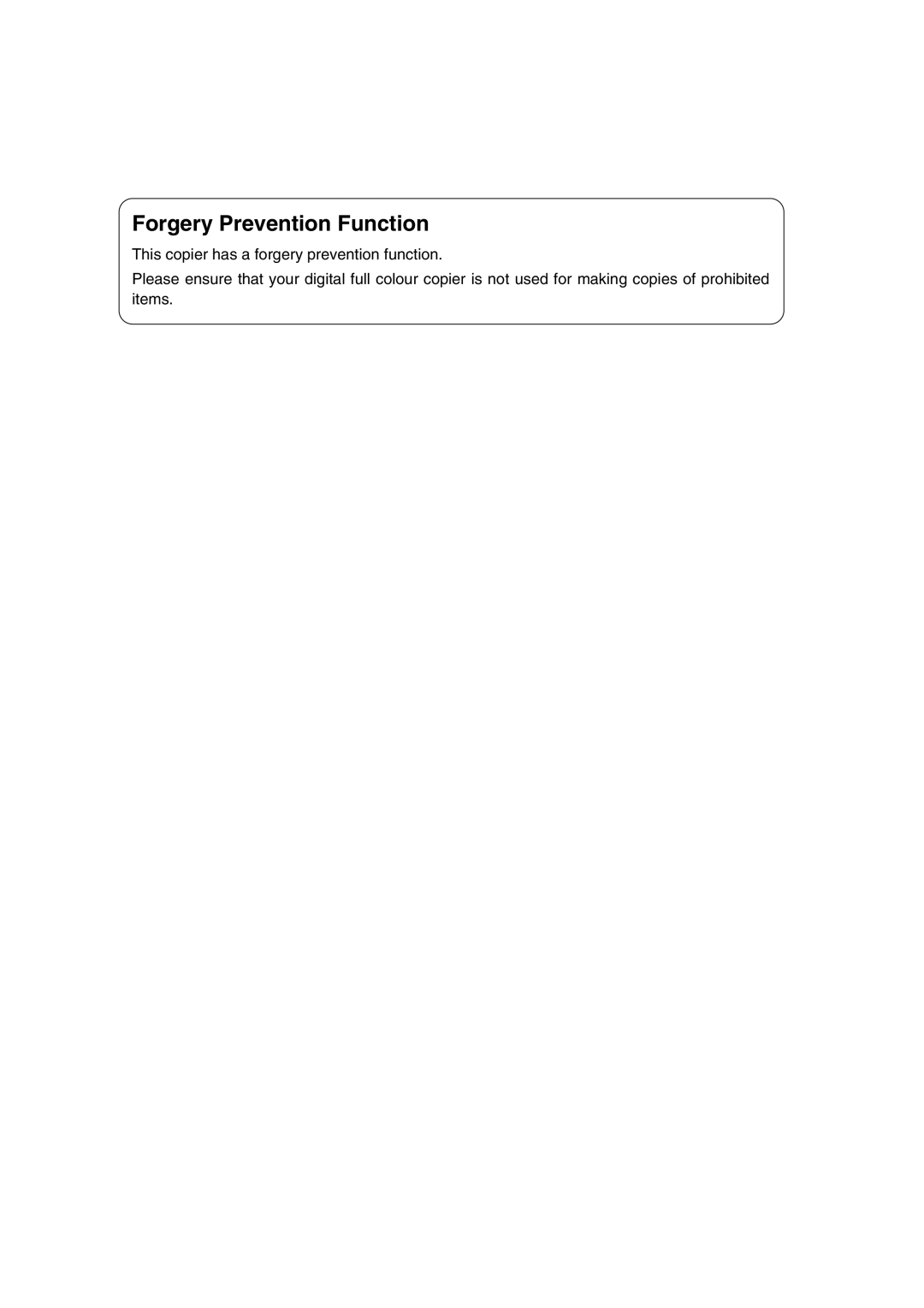 Toshiba FC15, FC22 manual Forgery Prevention Function 