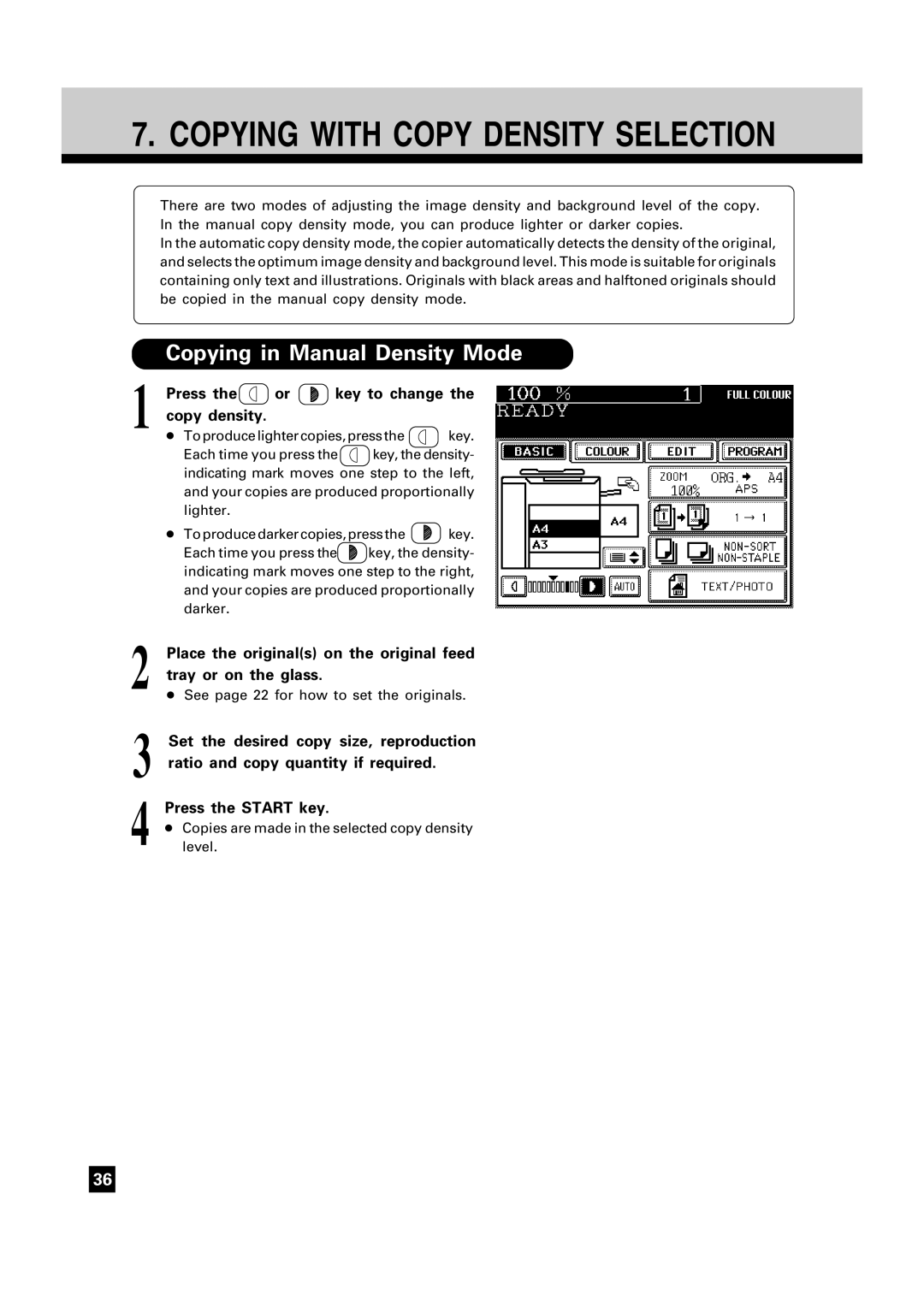 Toshiba FC15, FC22 manual Copying in Manual Density Mode, Press Key to change Copy density 