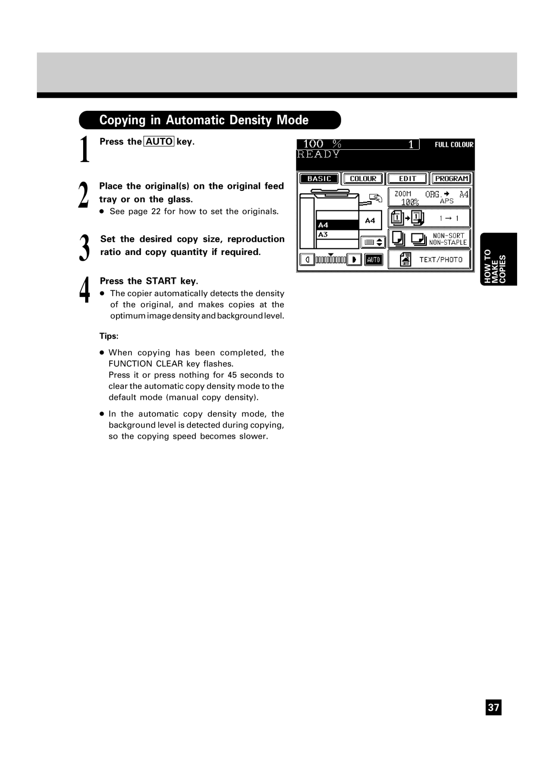 Toshiba FC22, FC15 manual Copying in Automatic Density Mode, Tips 