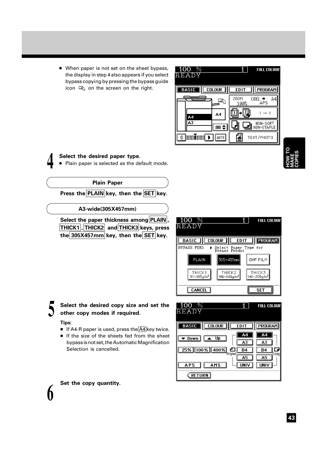 Toshiba FC22, FC15 manual Select the desired paper type, Set the copy quantity 