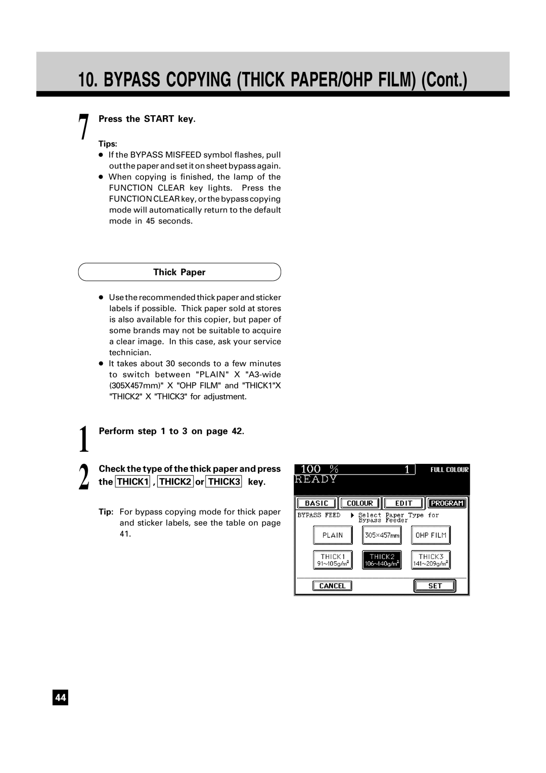 Toshiba FC15, FC22 manual Thick Paper, Perform to 3 on, THICK1 THICK2 THICK3, Check the type of the thick paper and press 