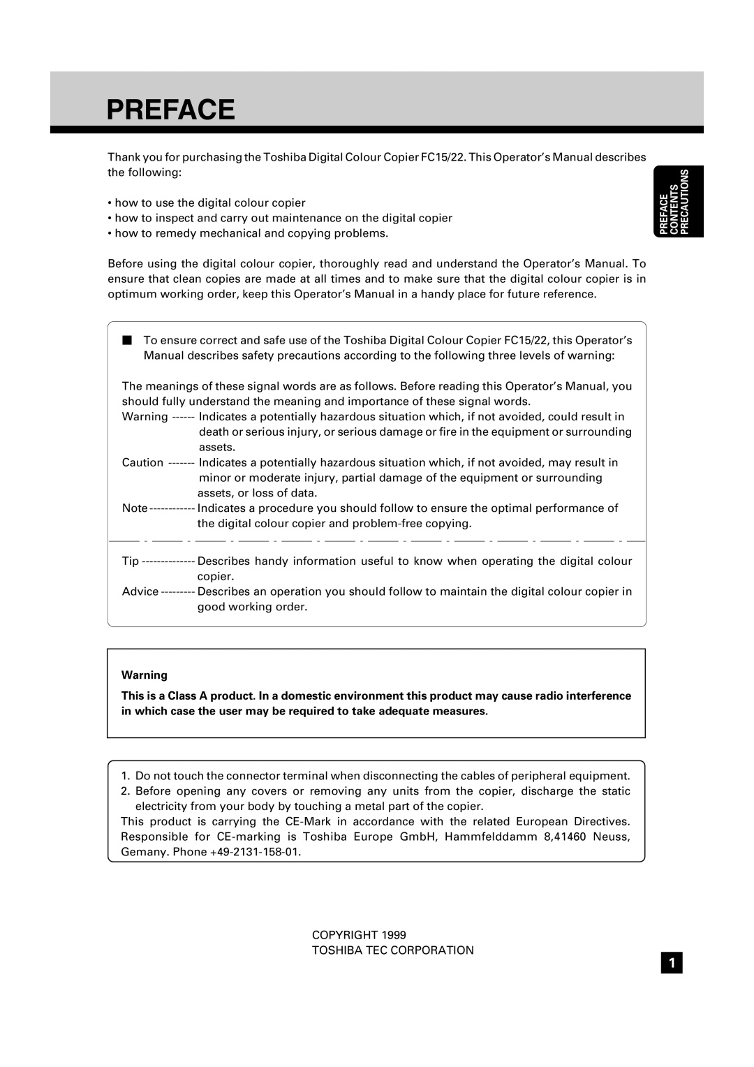 Toshiba FC22, FC15 manual Preface 