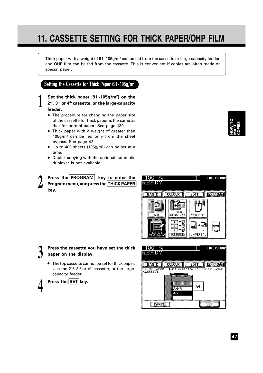 Toshiba FC22, FC15 manual Cassette Setting for Thick PAPER/OHP Film, Setting the Cassette for Thick Paper 91~105g/m2 