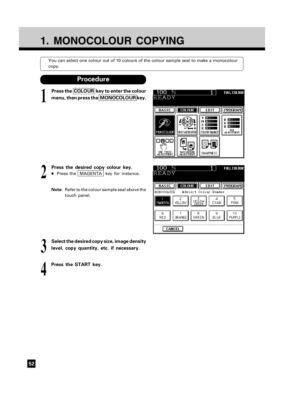 Toshiba FC15, FC22 manual Monocolour Copying, Level, copy quantity, etc. if necessary 