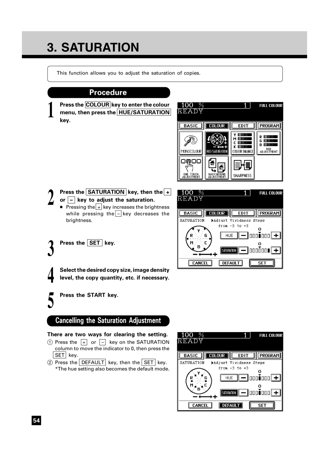 Toshiba FC15, FC22 manual Cancelling the Saturation Adjustment 