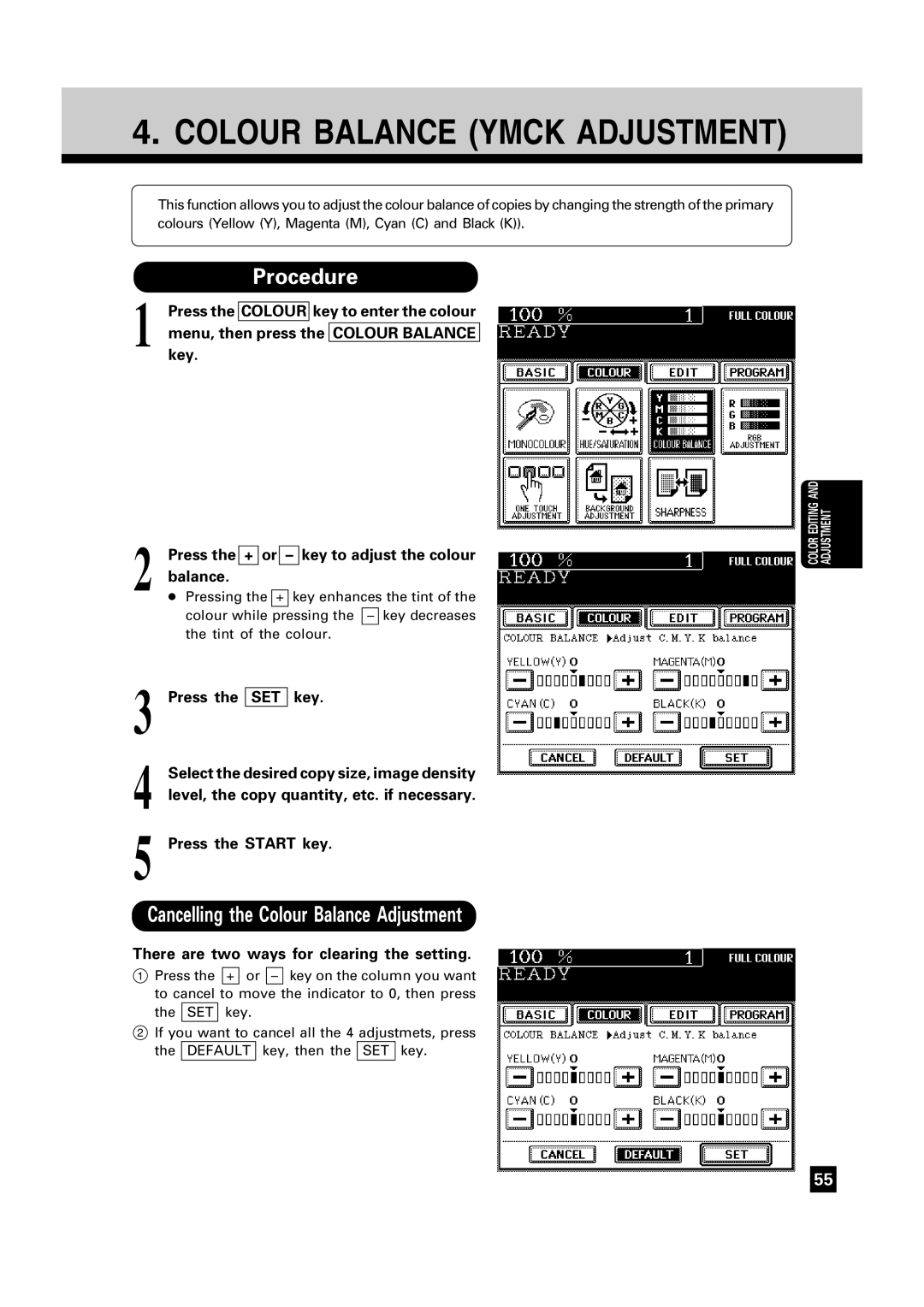 Toshiba FC22, FC15 manual Colour Balance Ymck Adjustment, Cancelling the Colour Balance Adjustment 