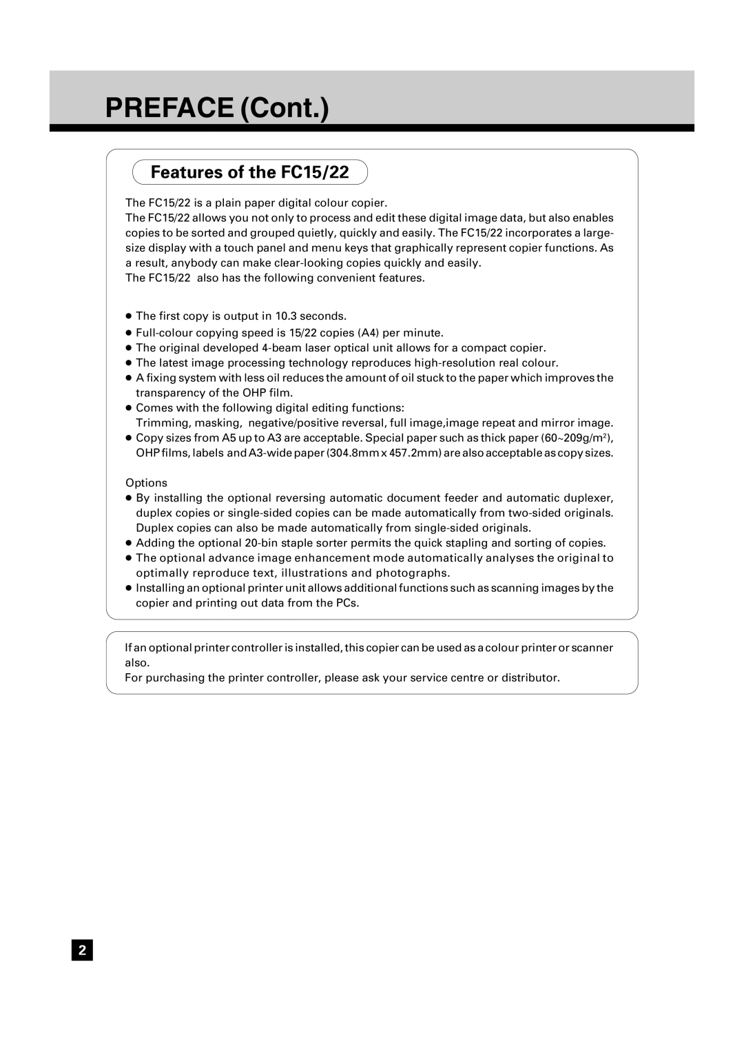 Toshiba FC22 manual Preface, Features of the FC15/22 