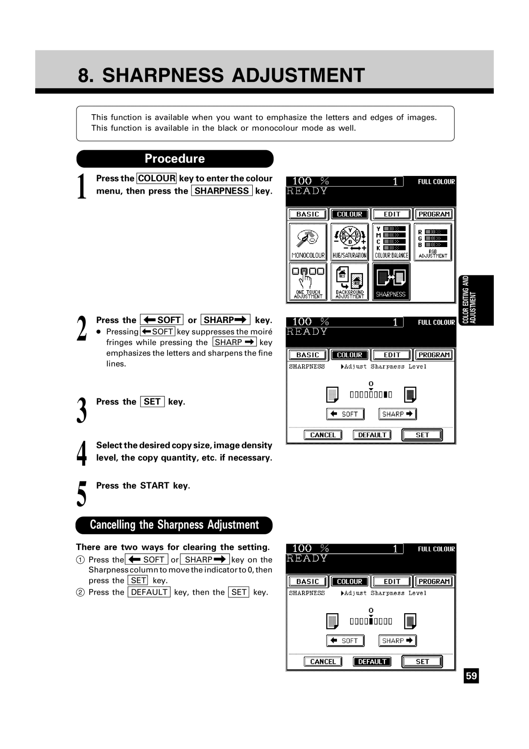 Toshiba FC22, FC15 manual Cancelling the Sharpness Adjustment, Soft Sharp 