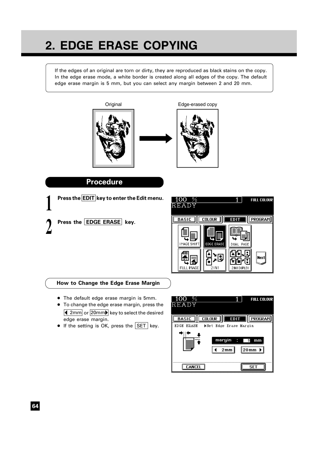 Toshiba FC15, FC22 manual Edge Erase Copying, How to Change the Edge Erase Margin 