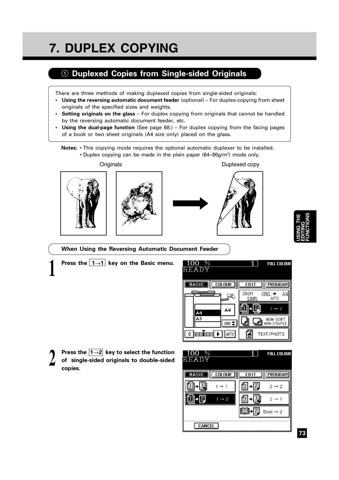 Toshiba FC22, FC15 manual Duplex Copying, Duplexed Copies from Single-sided Originals 