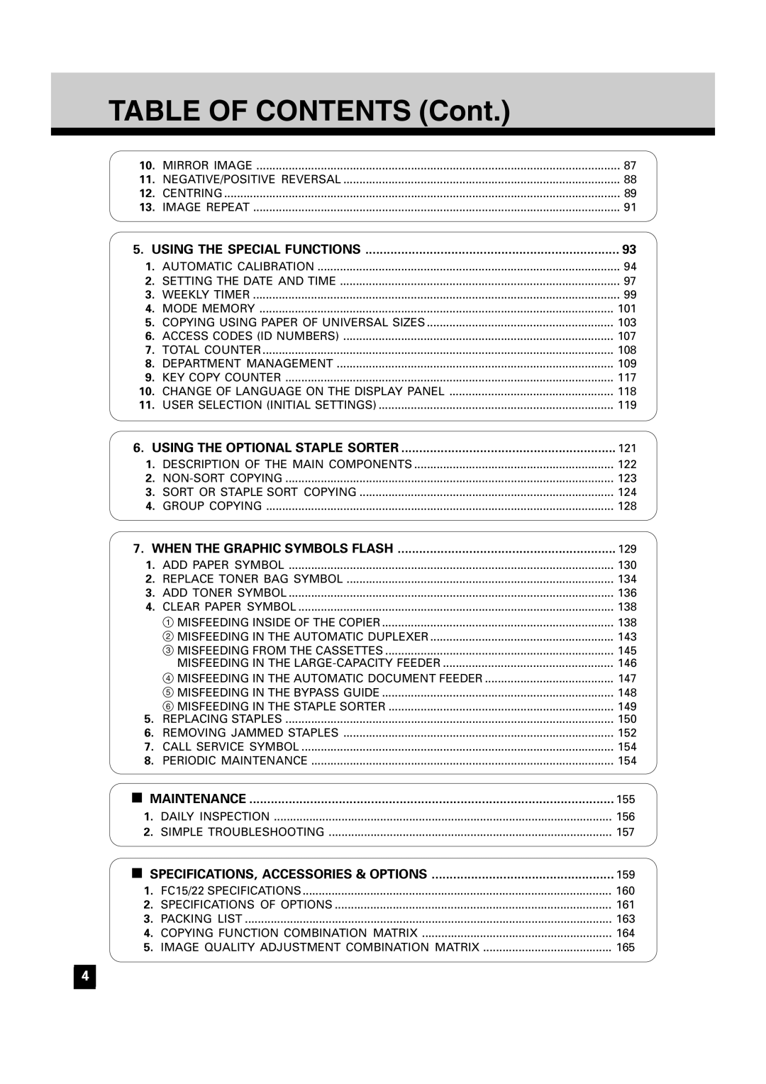 Toshiba FC15, FC22 manual Table of Contents 