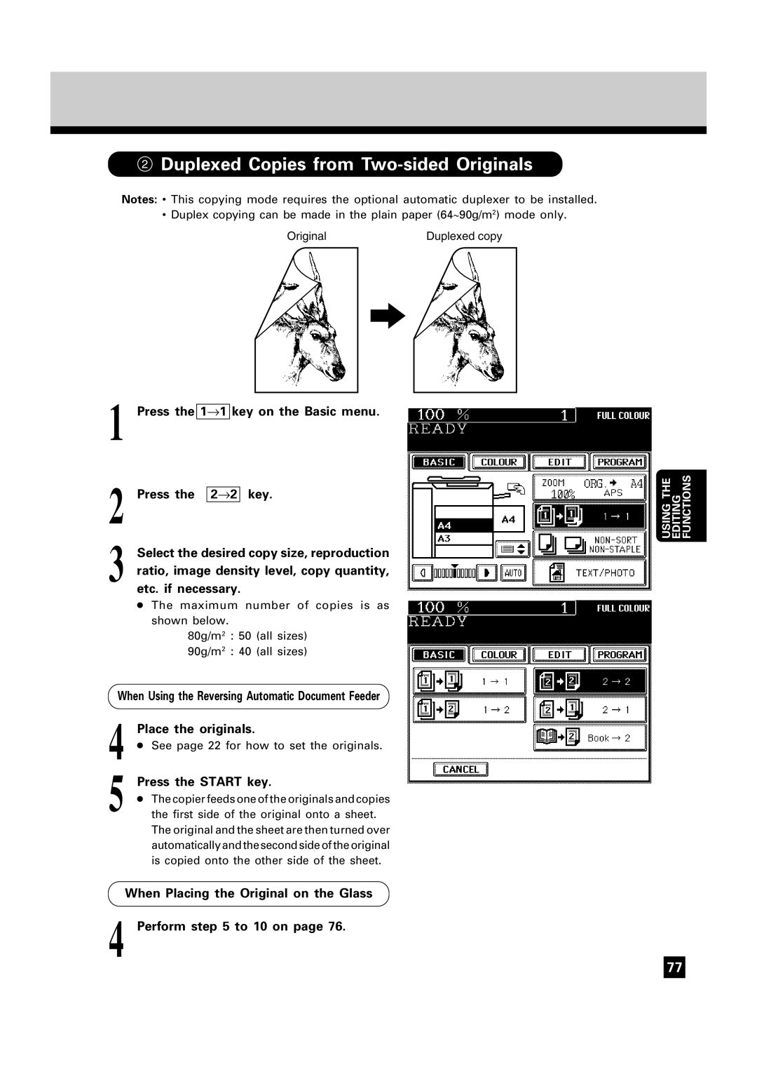 Toshiba FC22, FC15 manual Duplexed Copies from Two-sided Originals, Press Key on the Basic menu 