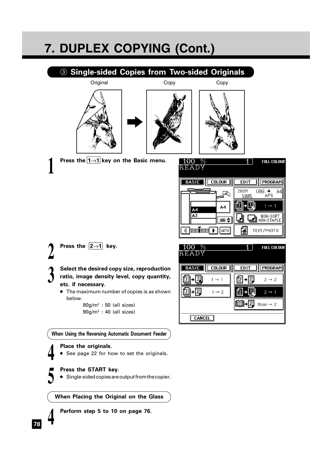 Toshiba FC15, FC22 manual Single-sided Copies from Two-sided Originals, Press the 1→1 key on the Basic menu Key 