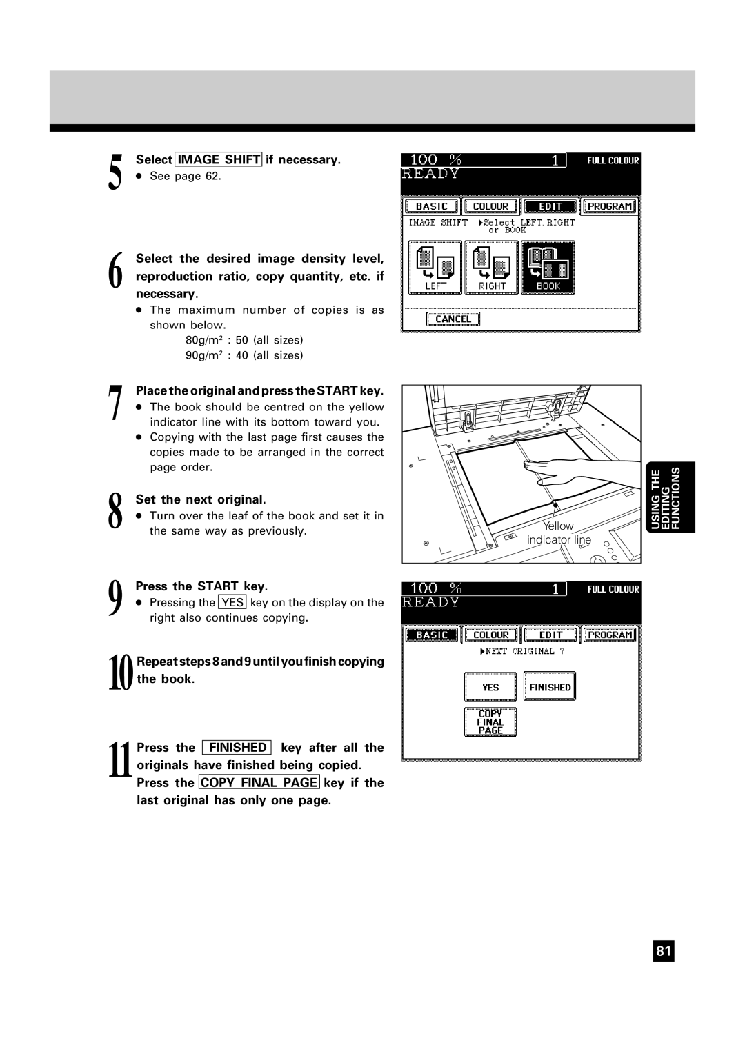 Toshiba FC22, FC15 manual Select Image Shift if necessary, Place the original and press the Start key, Set the next original 