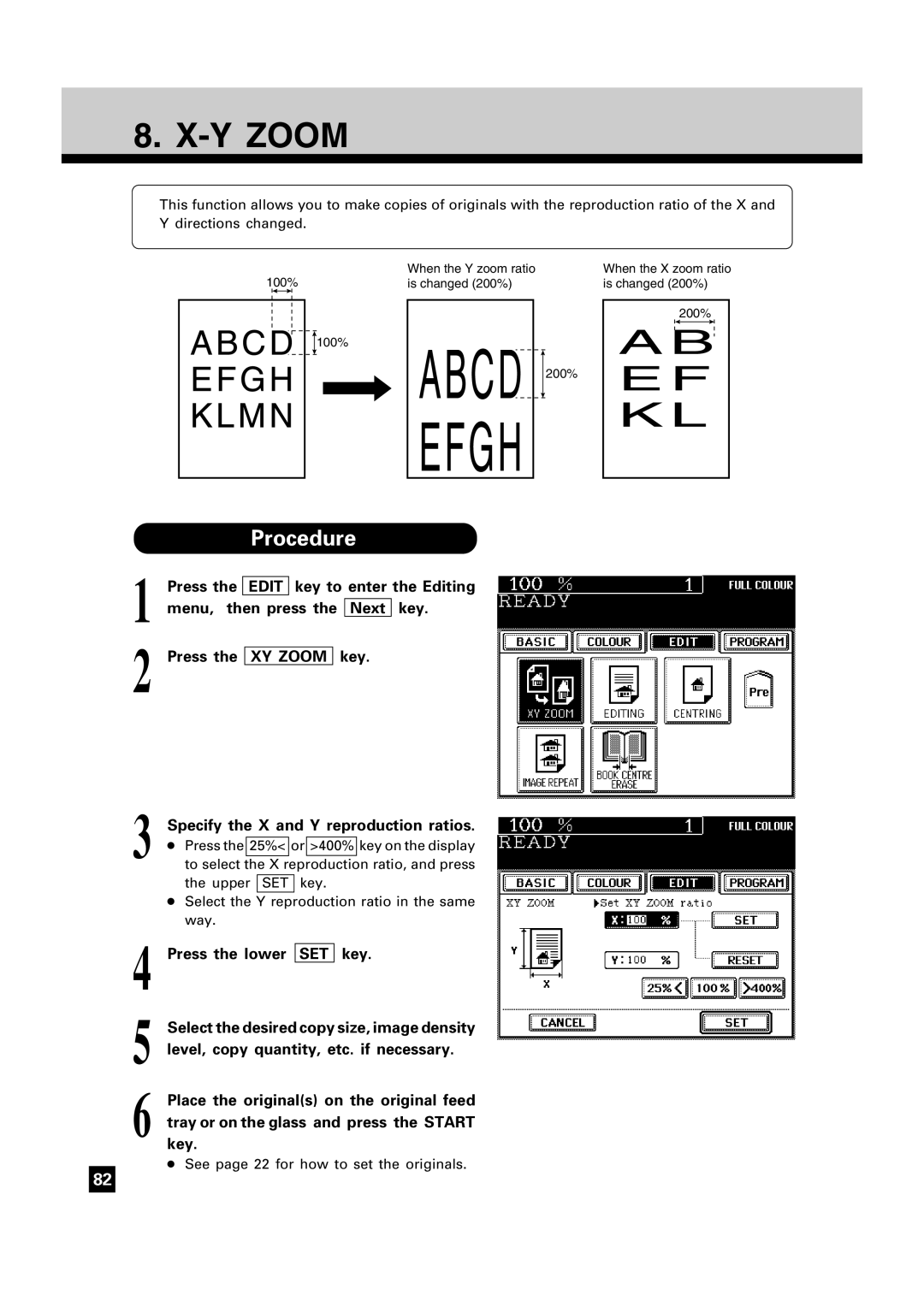 Toshiba FC15, FC22 manual Y Zoom, Press the lower, Tray or on the glass and press the Start 