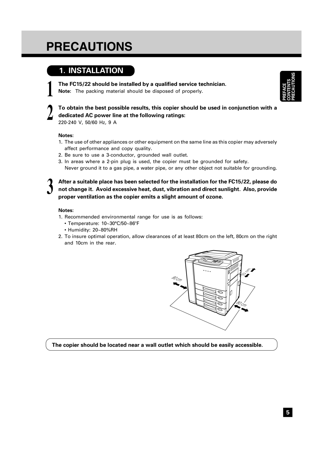 Toshiba FC22, FC15 manual Precautions, Installation 