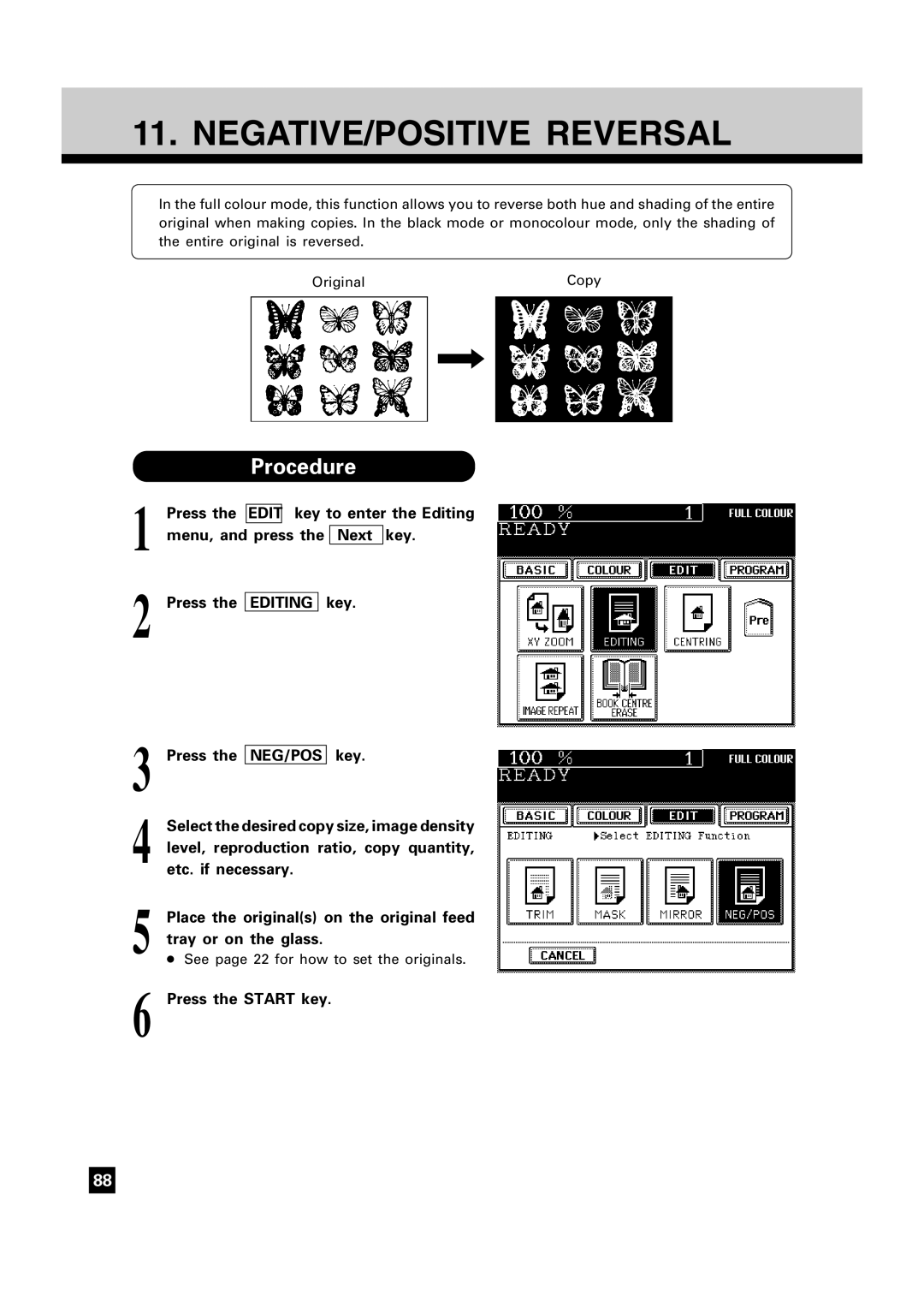 Toshiba FC15, FC22 manual NEGATIVE/POSITIVE Reversal, Editing 