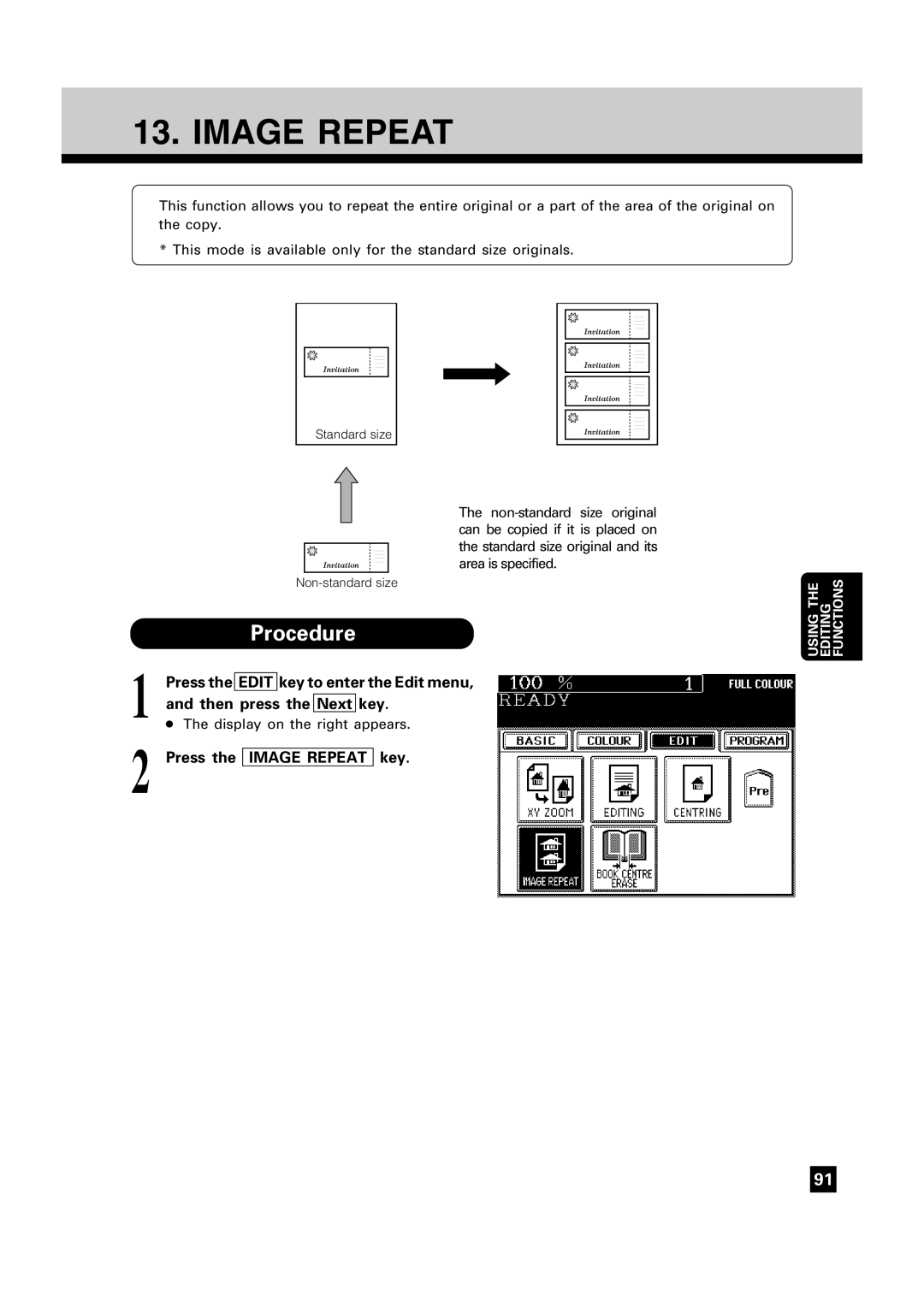 Toshiba FC22, FC15 manual Image Repeat, Then press Next Key, Display on the right appears 