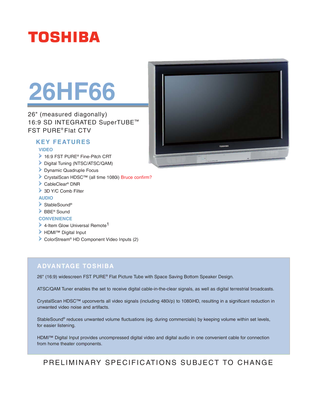 Toshiba Flat CTV specifications 26HF66, KEY Features 