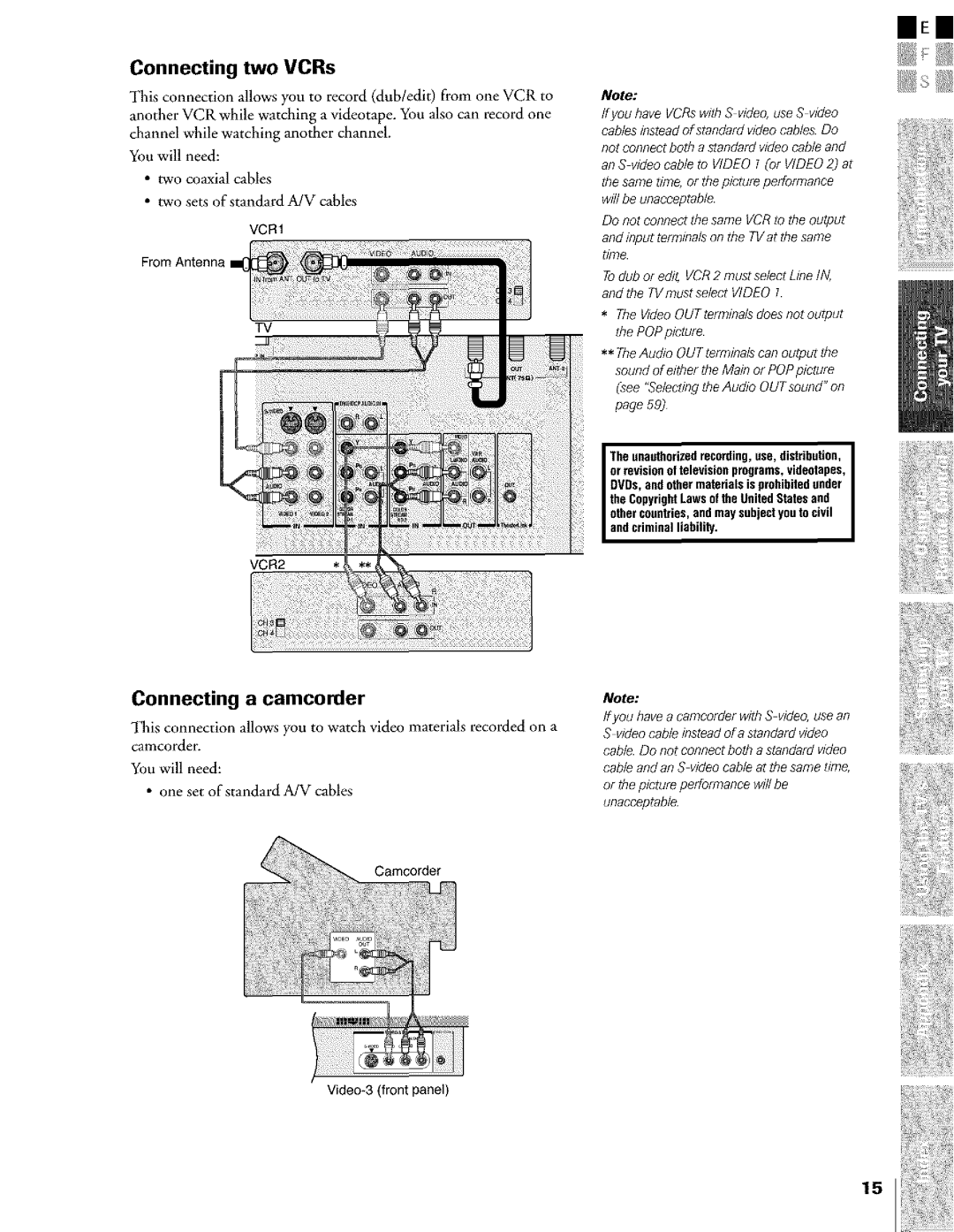 Toshiba Flat Panel Television owner manual Connecting two VCRs, Connecting a camcorder 