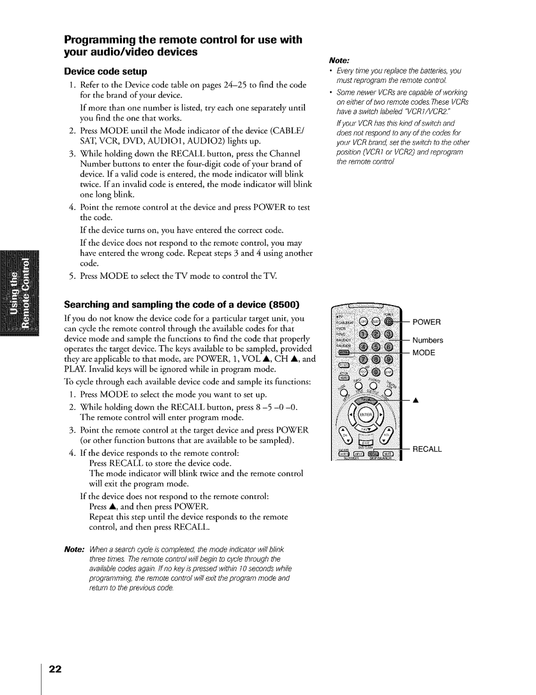 Toshiba Flat Panel Television owner manual Device code setup, Searching and sampling the code of a device 