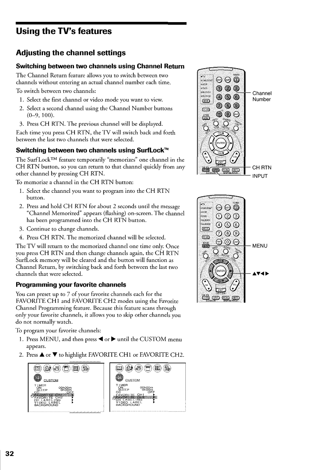 Toshiba Flat Panel Television Adjusting the channel settings, Switching between two channels using Channel Return 