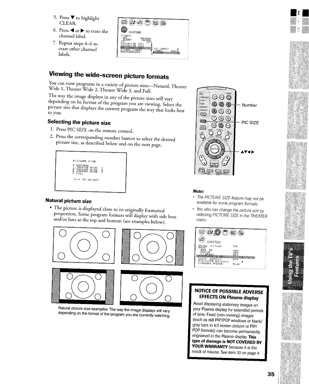 Toshiba Flat Panel Television Viewing the wide-screen picture formats, Selecting the picture size, Natural picture size 