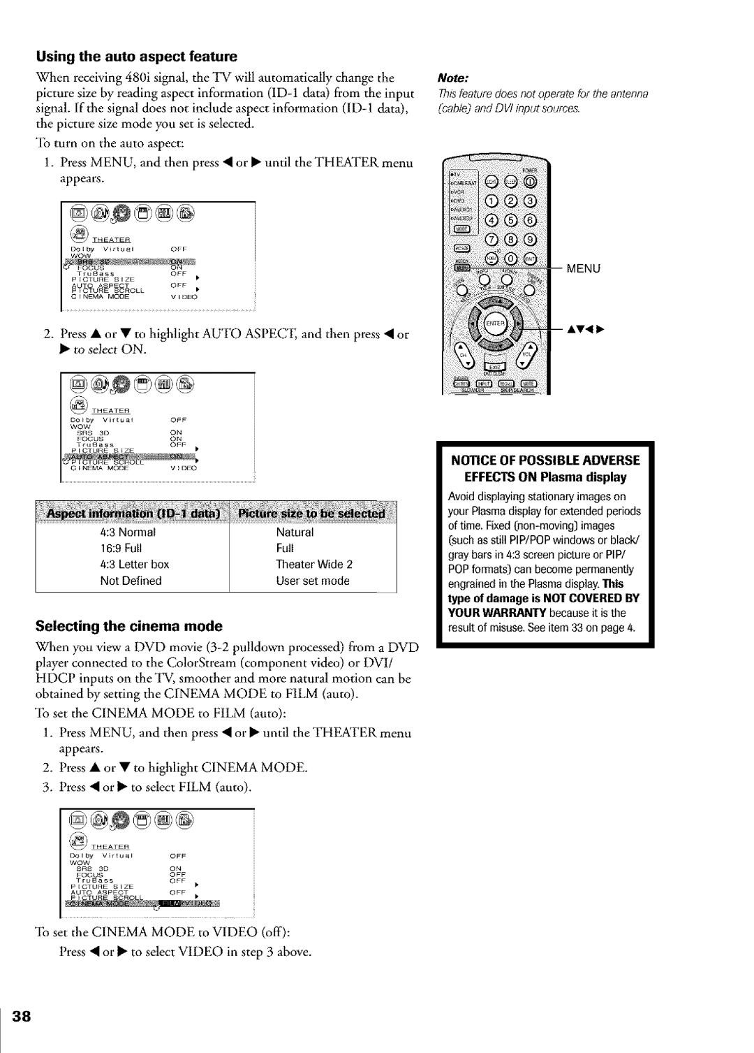 Toshiba Flat Panel Television Using the auto aspect feature, Selecting the cinema mode, Type of damage is not Covered by 