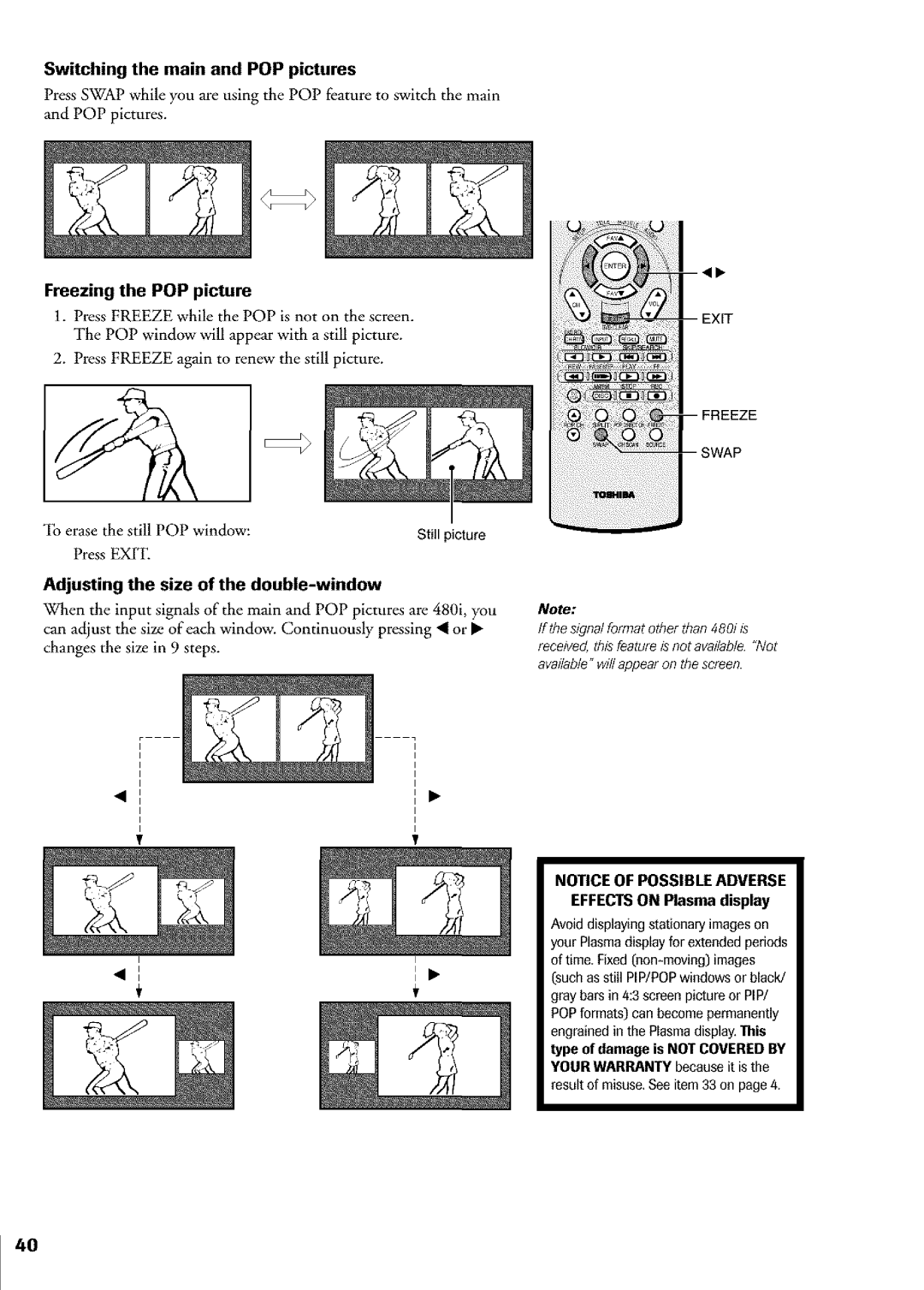 Toshiba Flat Panel Television owner manual Switching the main and POP pictures, Adjusting the size of the double-window 