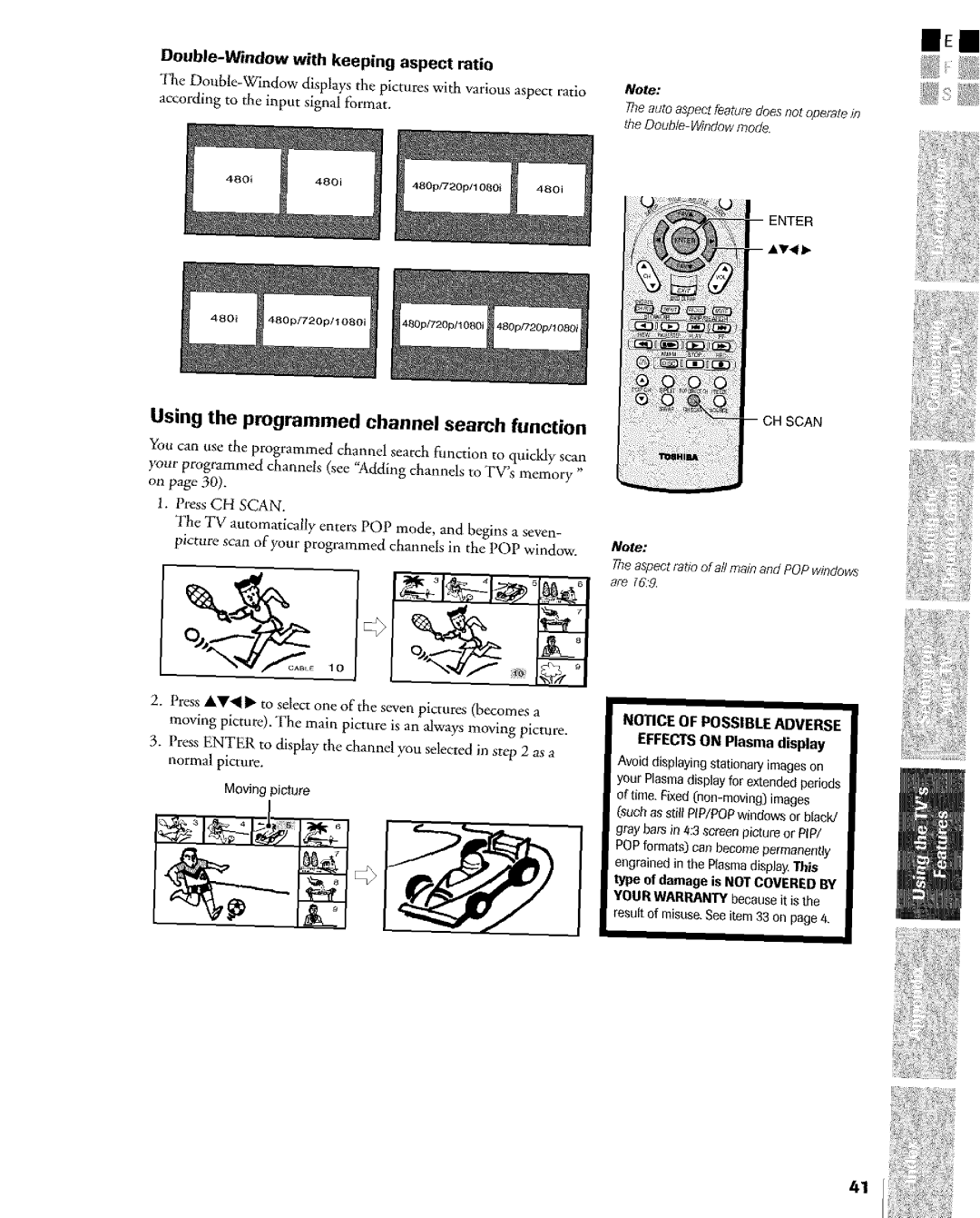 Toshiba Flat Panel Television Using the programmed channel search function, Double-Window with keeping aspect ratio 