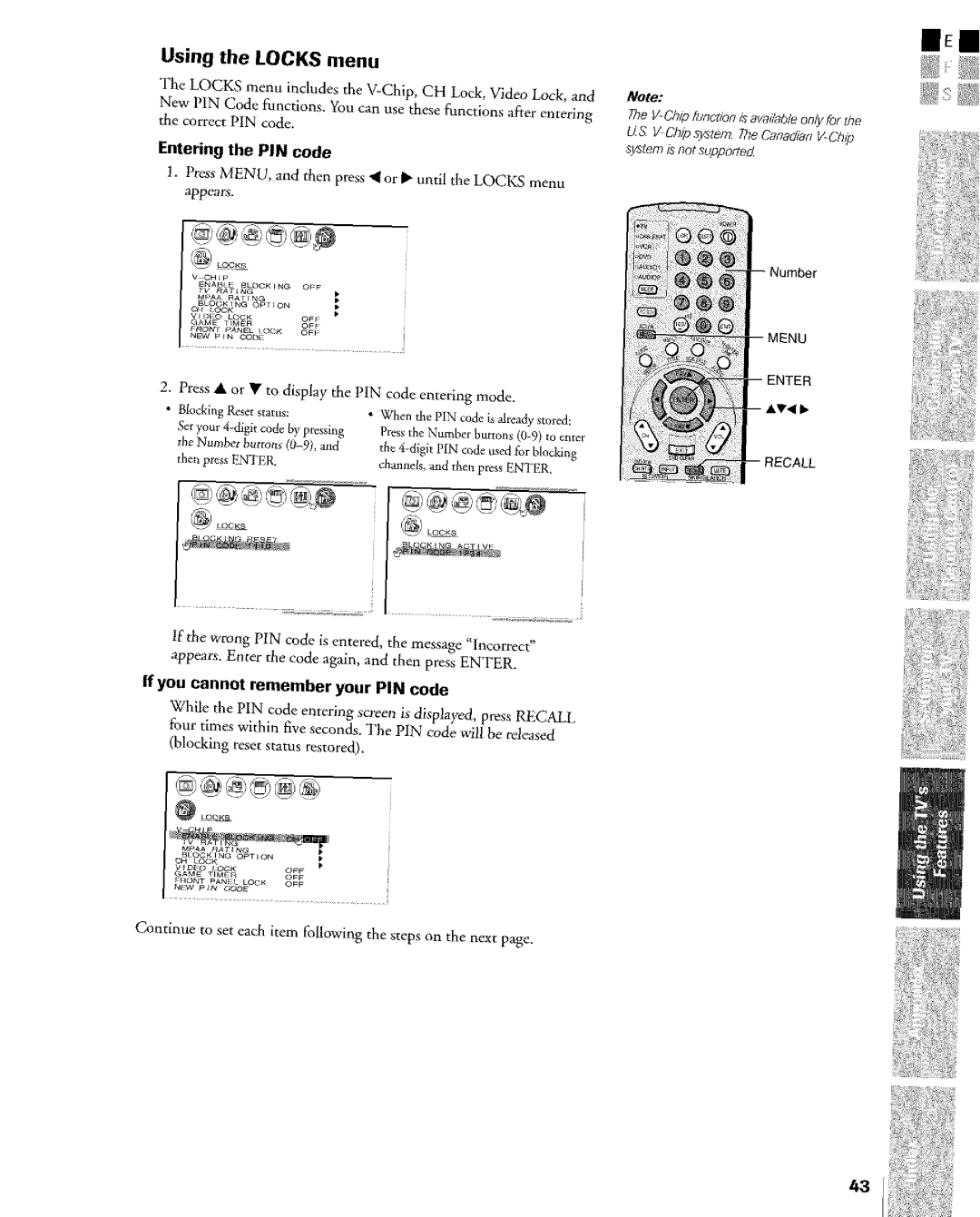 Toshiba Flat Panel Television Using the Locks menu, Entering the PiN code, If you cannot remember your PIN code 