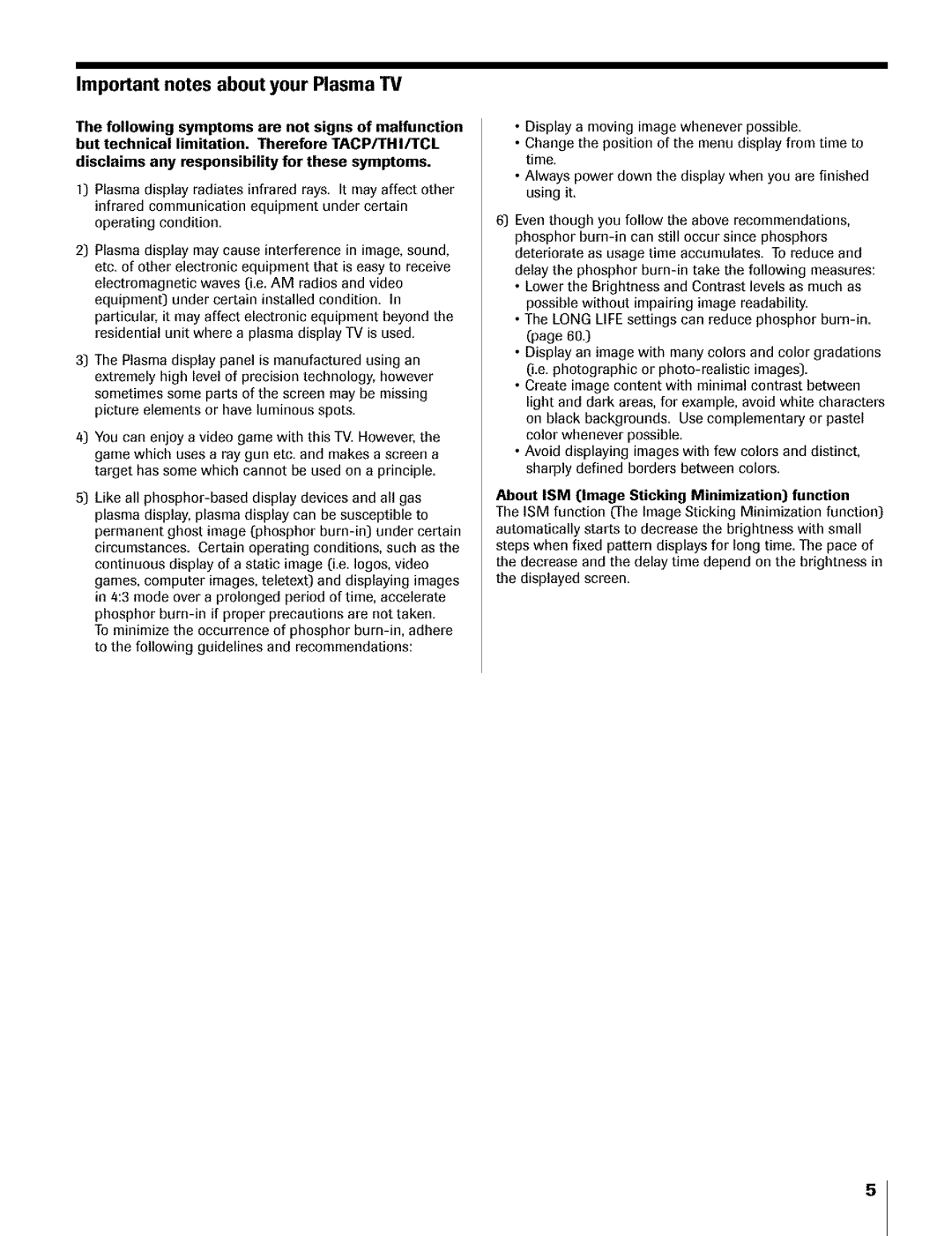 Toshiba Flat Panel Television Important notes about your Plasma TV, About ISM Image Sticking Minimization function 