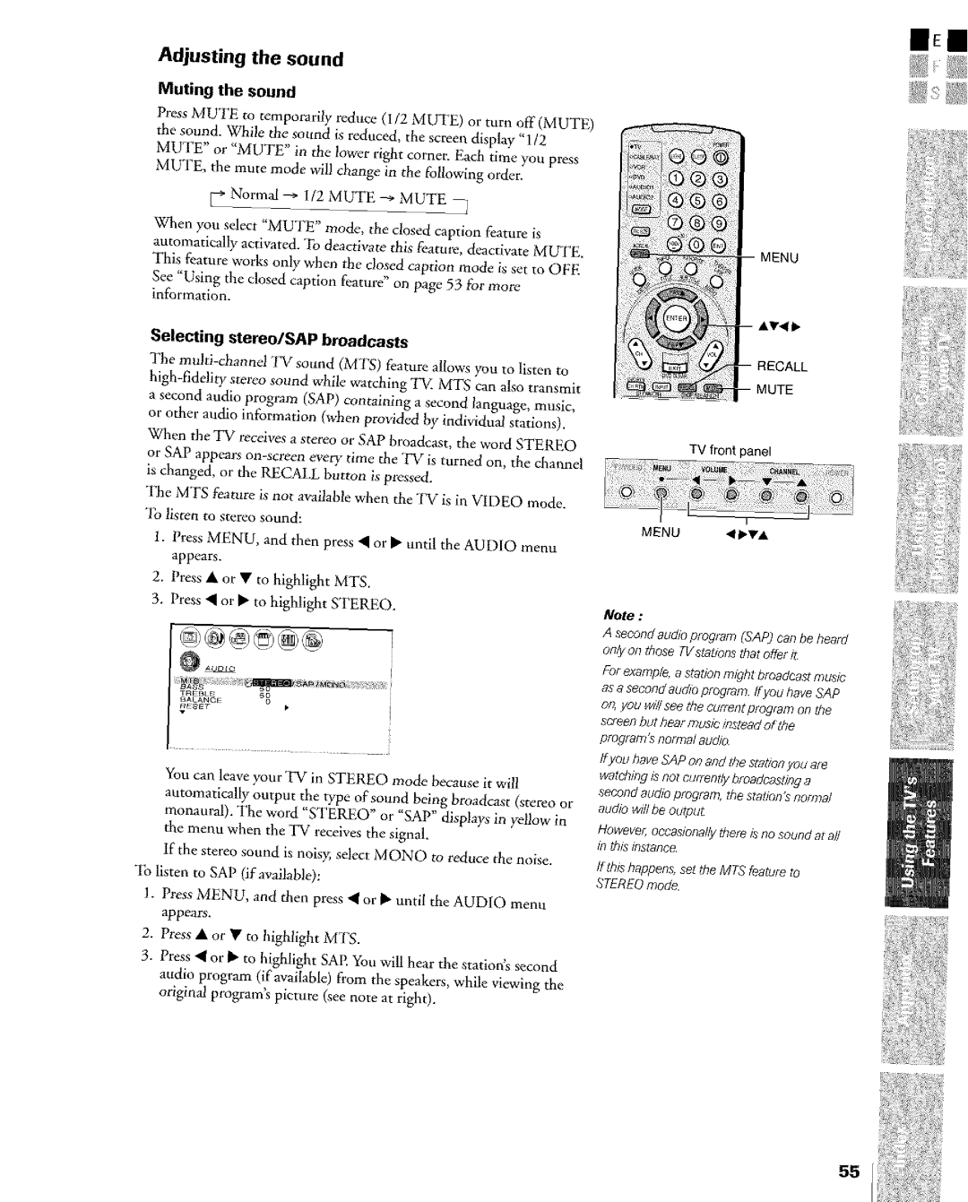 Toshiba Flat Panel Television owner manual Adjusting Sound, Muting Sound, Selecting stereo/SAP broadcasts 