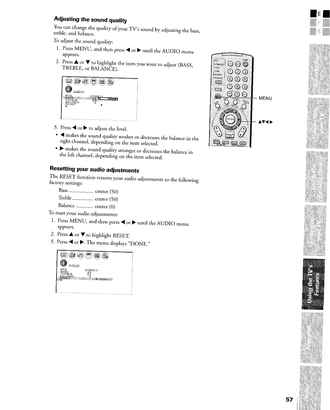 Toshiba Flat Panel Television owner manual Adjusting the sound quality, Resetting your audio adjustments 