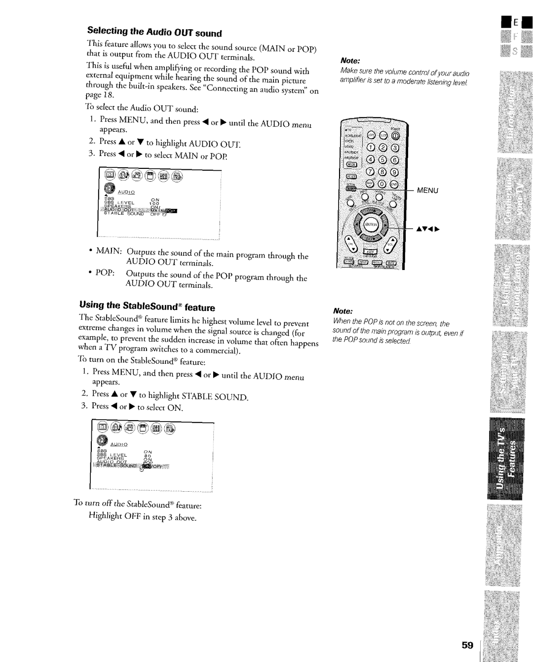 Toshiba Flat Panel Television owner manual Selecting the Audio OUT sound, Using the StableSound feature 