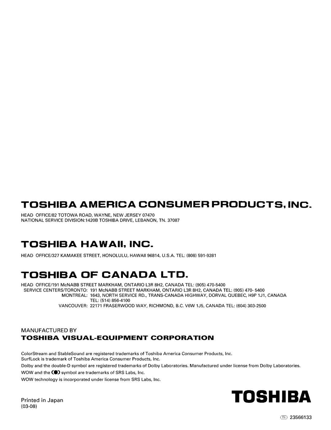 Toshiba Flat Panel Television owner manual Toshiba 