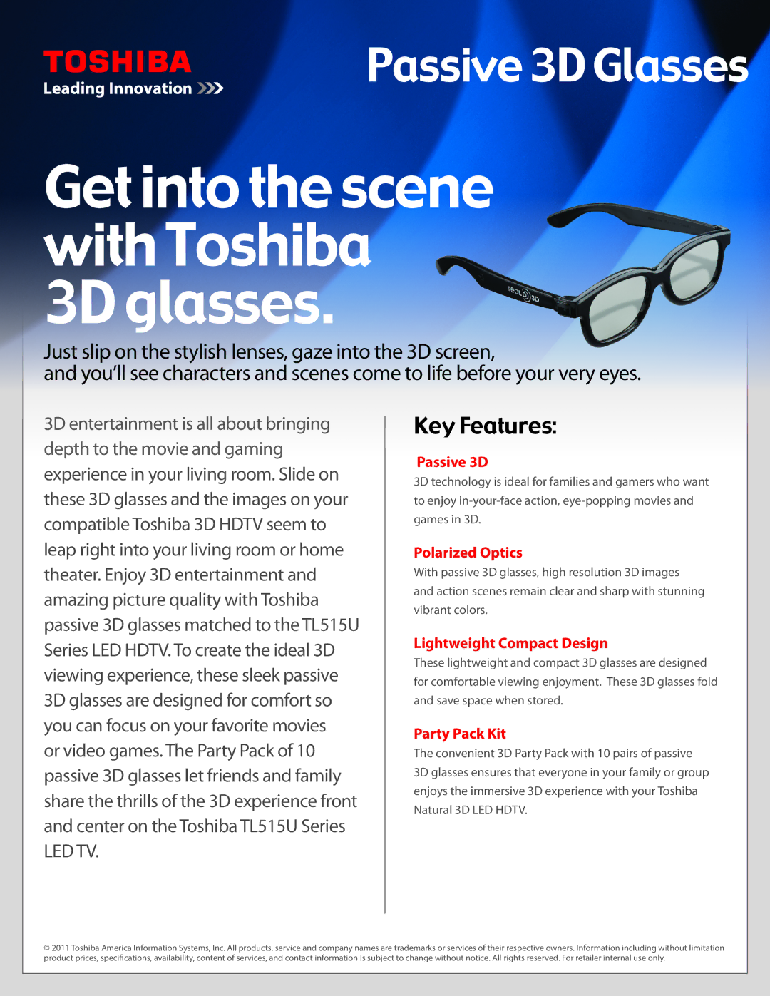 Toshiba FPT-P100UP specifications Passive3D, Polarized Optics, Lightweight Compact Design, Party Pack Kit 