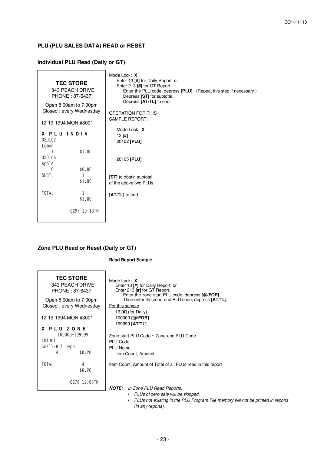 Toshiba EO1-11113, EO1-11099, FS-1650-4 SERIES owner manual Zone PLU Read or Reset Daily or GT, L U I N D I, L U Z O N E 