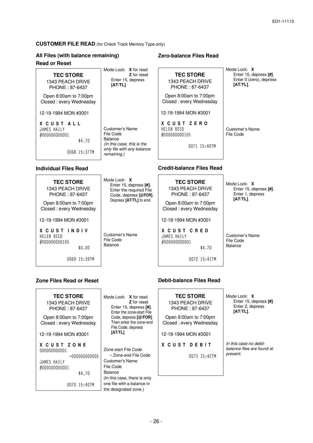 Toshiba FS-1650-4 SERIES All Files with balance remaining, Read or Reset, Individual Files Read, Credit-balance Files Read 