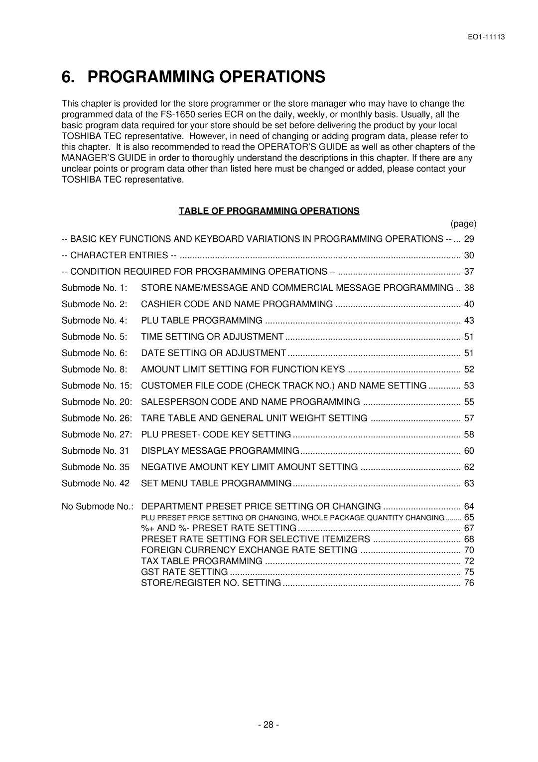 Toshiba EO1-11099, FS-1650-4 SERIES, EO1-11113 owner manual Table of Programming Operations 