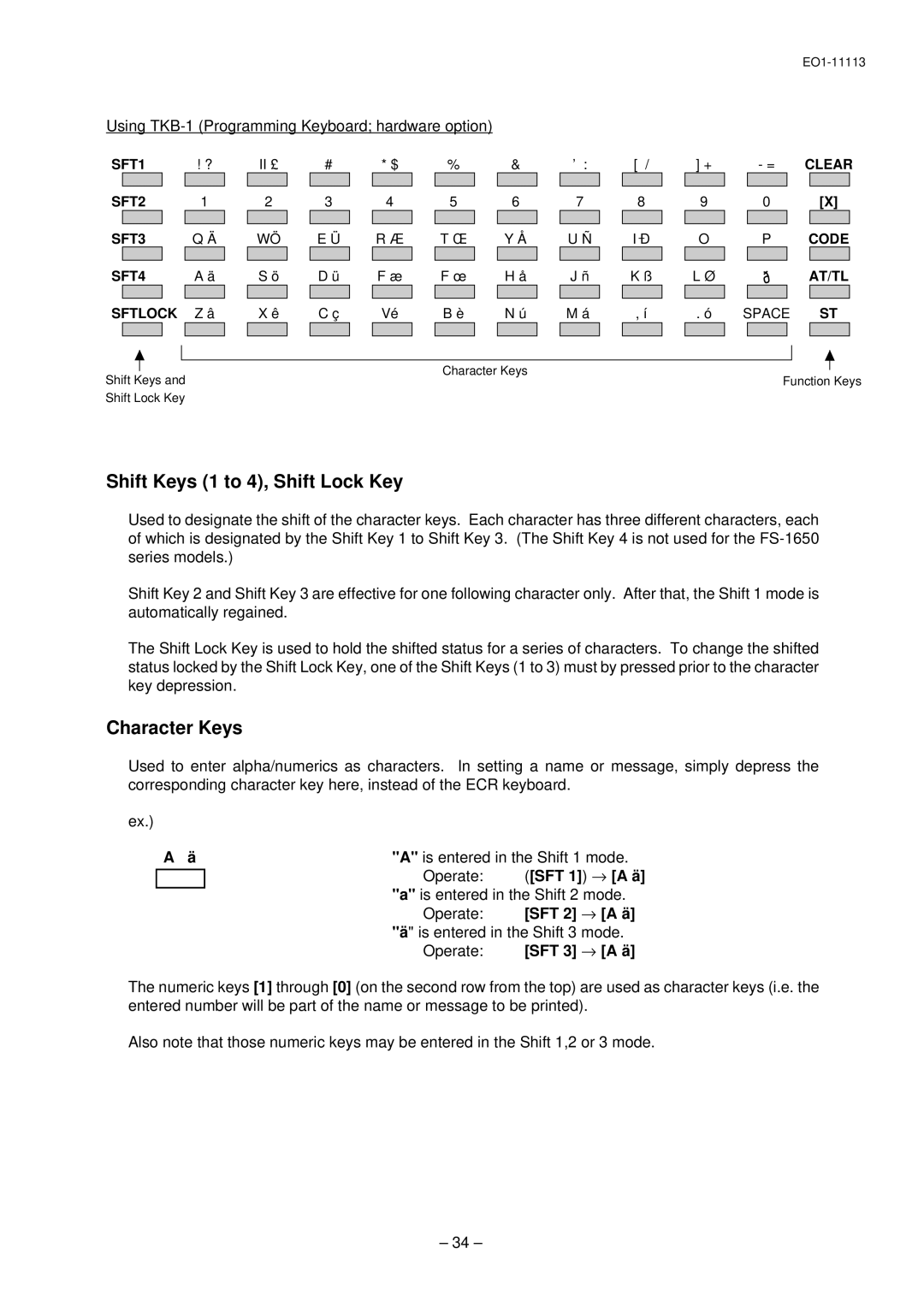 Toshiba FS-1650-4 SERIES, EO1-11099 Shift Keys 1 to 4, Shift Lock Key, Character Keys, Is entered in the Shift 1 mode 