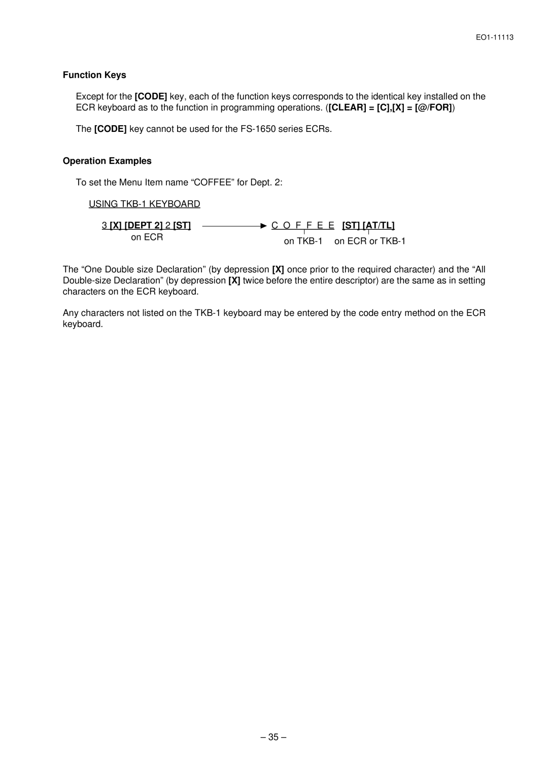 Toshiba EO1-11113, EO1-11099, FS-1650-4 SERIES Function Keys, Operation Examples, Using TKB-1 Keyboard, Dept 2 2 ST 