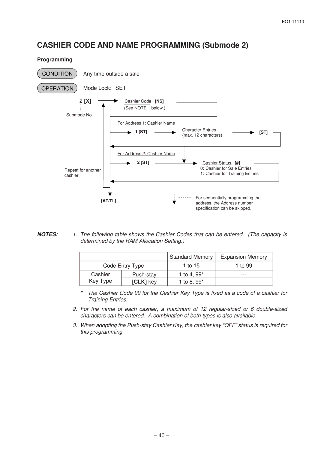 Toshiba EO1-11099, FS-1650-4 SERIES, EO1-11113 owner manual Cashier Code and Name Programming Submode 