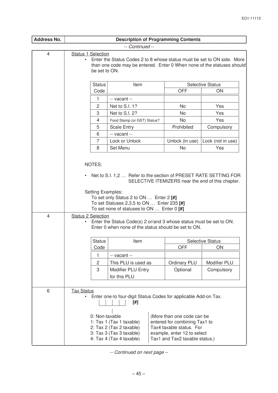 Toshiba EO1-11099, FS-1650-4 SERIES, EO1-11113 owner manual Off, Vacant Net to S.I ? Yes 