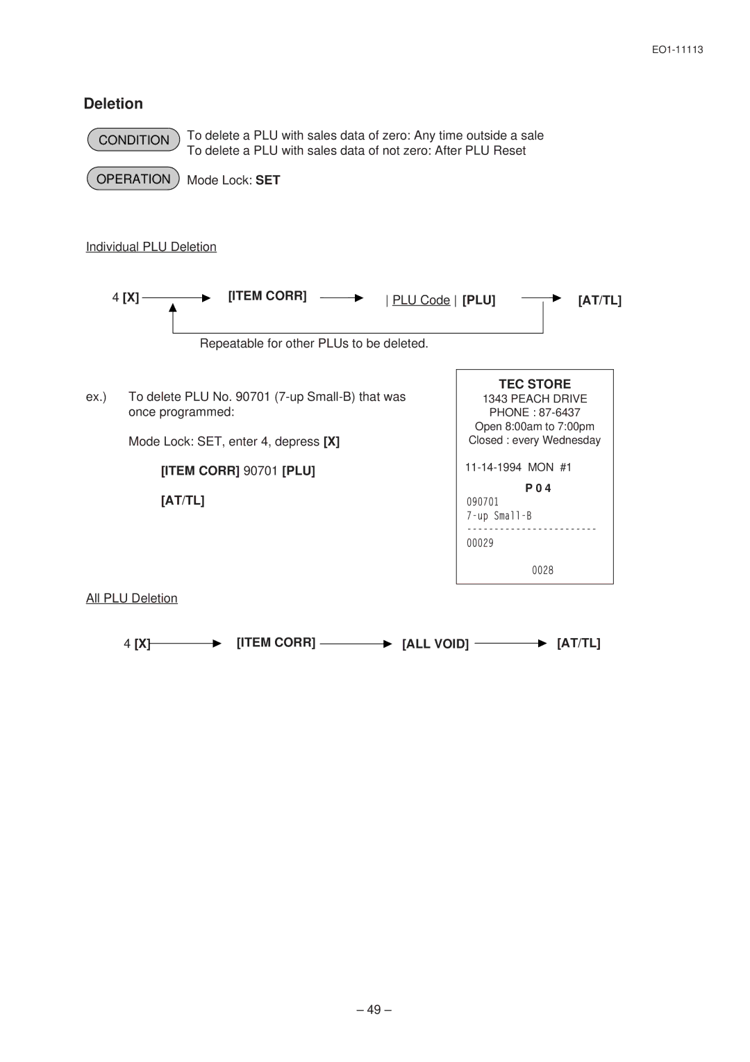 Toshiba EO1-11099, FS-1650-4 SERIES, EO1-11113 owner manual Deletion, Item Corr 90701 PLU, Item Corr ALL Void AT/TL 