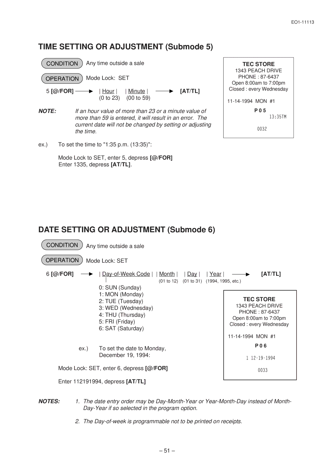 Toshiba EO1-11113, FS-1650 Time Setting or Adjustment Submode, Date Setting or Adjustment Submode, @/For, Hour Minute 