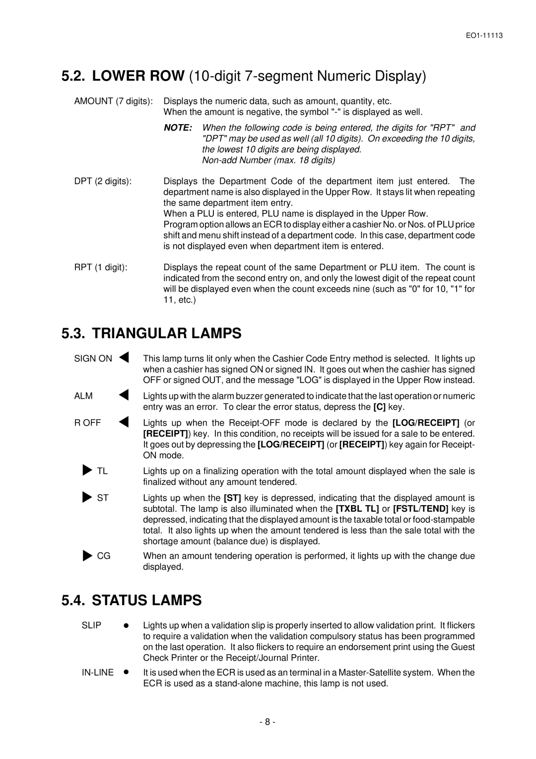 Toshiba FS-1650-4 SERIES, EO1-11099, EO1-11113 owner manual Triangular Lamps, Status Lamps, In-Line 