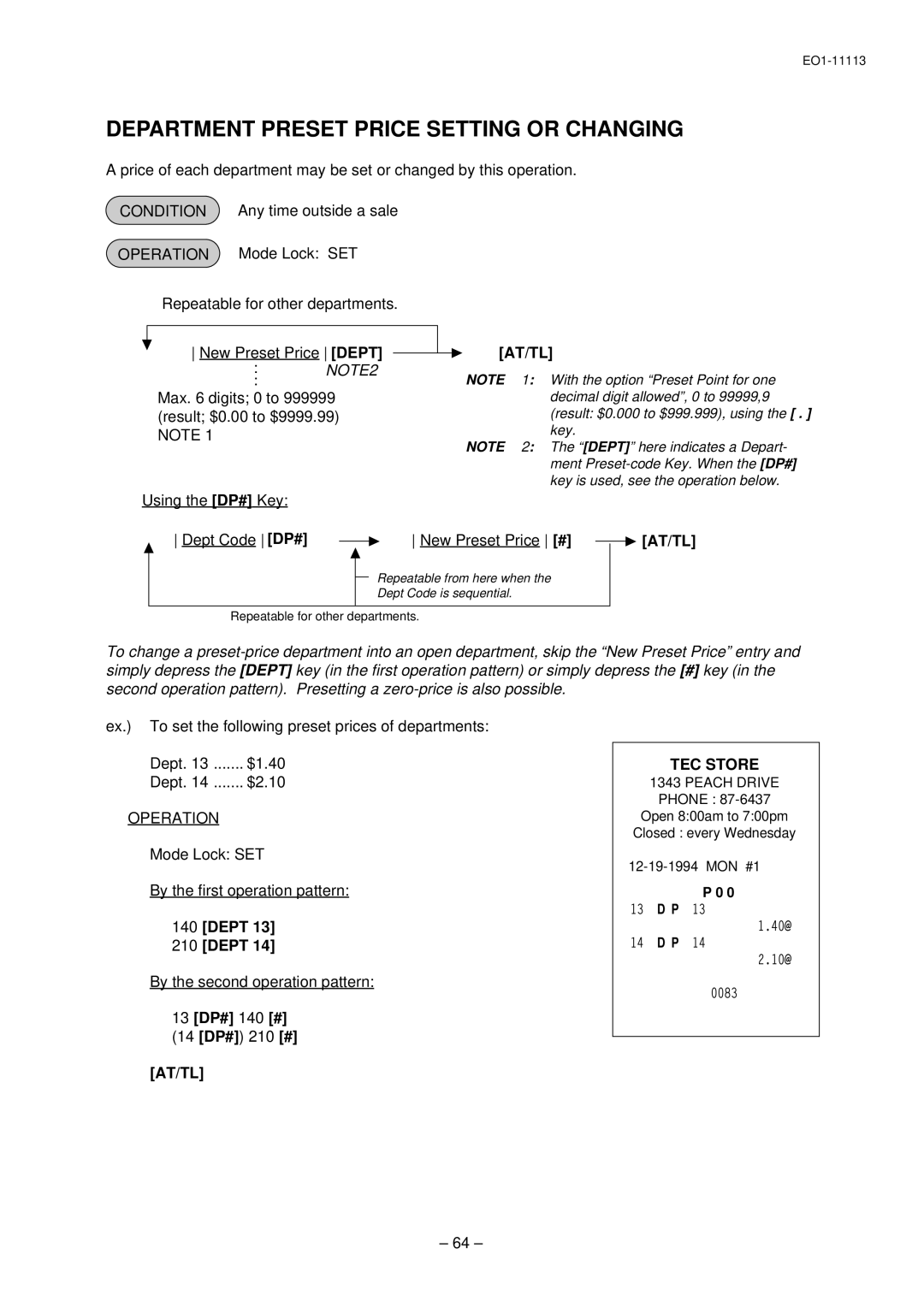 Toshiba EO1-11099, FS-1650-4 SERIES, EO1-11113 owner manual Department Preset Price Setting or Changing, 13 DP# 140 # 