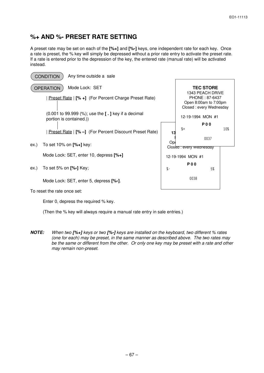 Toshiba EO1-11113, EO1-11099, FS-1650-4 SERIES owner manual + and %- Preset Rate Setting 